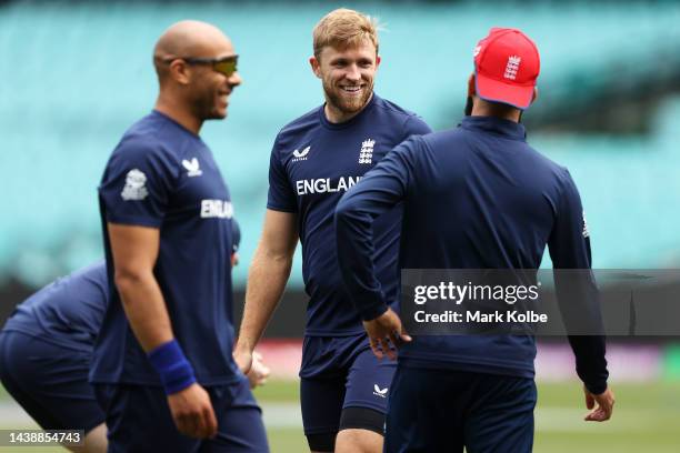 David Willey of England shares a laugh with his team mates during the England T20 World Cup team training session at Sydney Cricket Ground on...