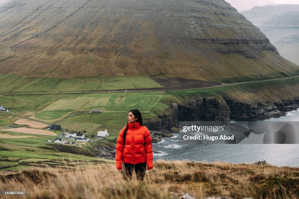 Young woman in the village of Vidareidi in Vidoy, Faroe Islands.