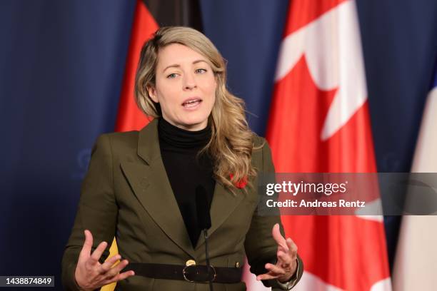 Canadian Foreign Minister Melanie Joly gives a statement upon her arrival for bilateral meetings following the G7 Foreign Ministers summit at the...