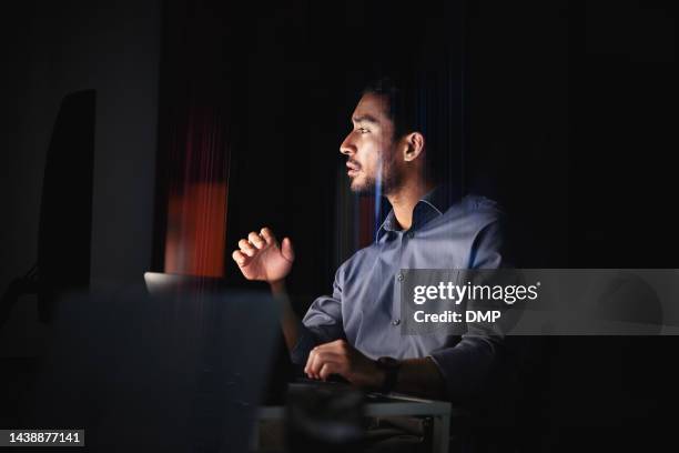 dark room, computer and businessman with cyber security innovation, information technology server update and data analytics at night. it engineer business man working on desktop pc for web solution - low risk stock pictures, royalty-free photos & images