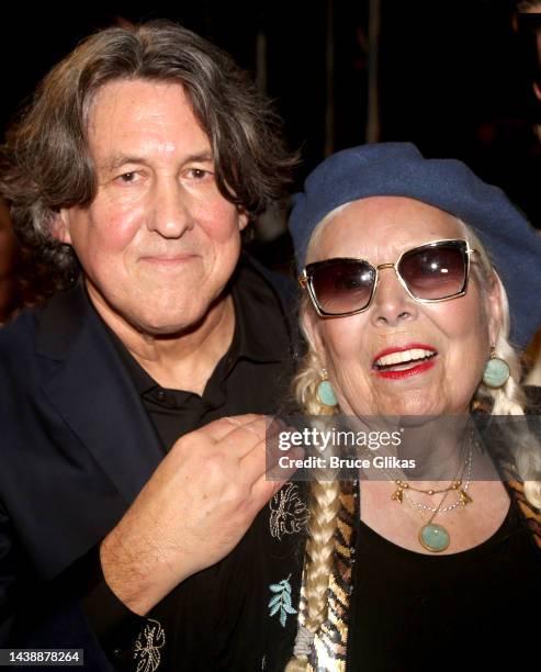 Cameron Crowe and Joni Mitchell pose backstage on opening night of the new musical based on the film "Almost Famous" on Broadway at The Jacobs...