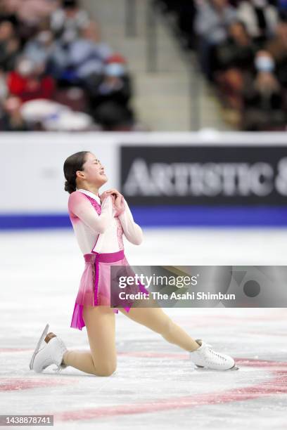 Rinka Watanabe of Japan reacts after competing in the Women's Free Skating during the ISU Grand Prix of Figure Skating - Skate Canada International...