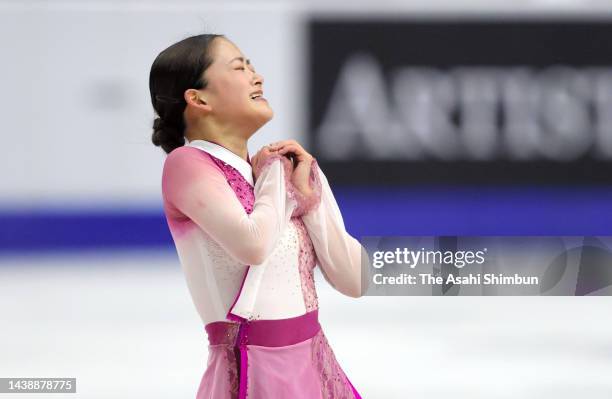 Rinka Watanabe of Japan reacts after competing in the Women's Free Skating during the ISU Grand Prix of Figure Skating - Skate Canada International...