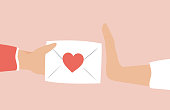 Woman or man refusing an envelope with heart containing a love confession. Concept of unsolicited love declaration, friend zone.