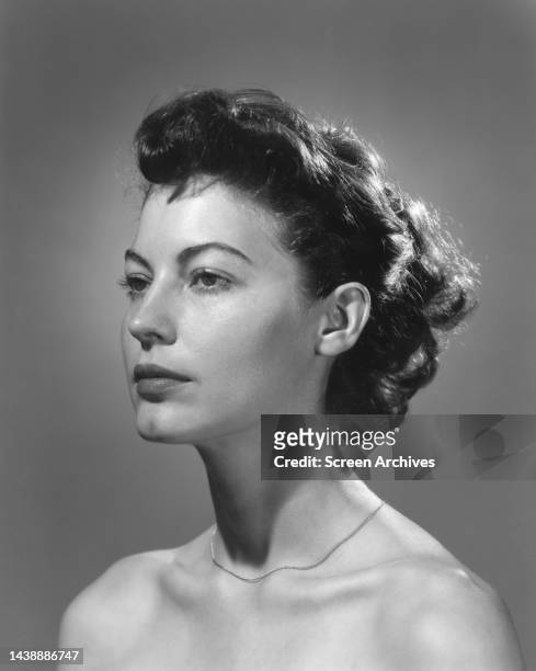 American actress Ava Gardner poses with bare shoulders, circa 1950.