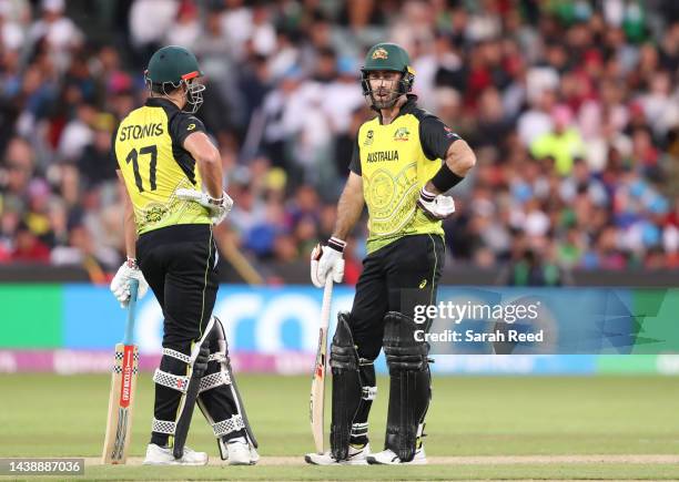 Marcus Stoinis of Australia and Glenn Maxwell of Australia during the ICC Men's T20 World Cup match between Australia and Afghanistan at Adelaide...