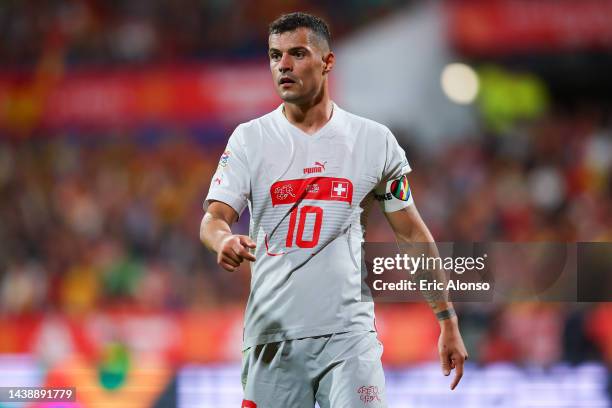 Granit Xhaka of Switzerland looks on during the UEFA Nations League League A Group 2 match between Spain and Switzerland at La Romareda on September...