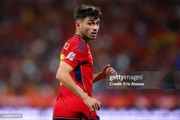 Pedro Gonzalez 'Pedri' of Spain looks on during the UEFA Nations League League A Group 2 match between Spain and Switzerland at La Romareda on...