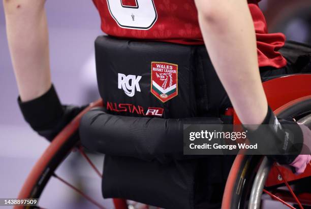 Detailed view of the wheelchair of Lucie Roberts of Wales ahead of the Wheelchair Rugby League World Cup Group B match between France and Wales at...