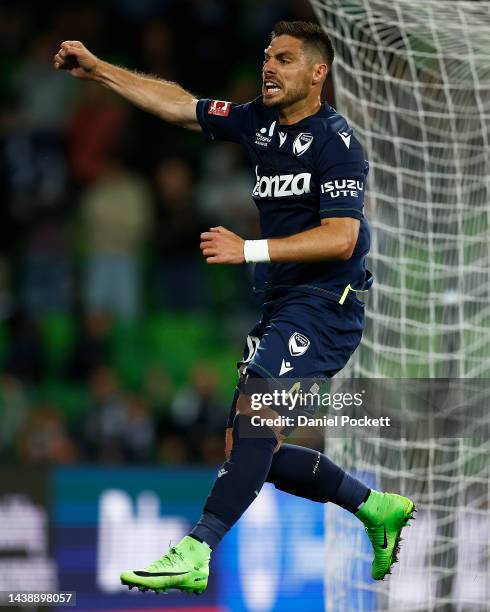 Bruno Fornaroli of the Victory celebrates kicking a penalty goal during the round five A-League Men's match between Melbourne Victory and Newcastle...