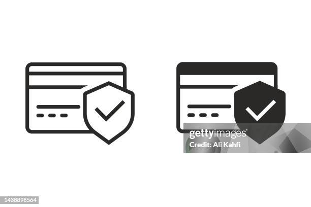 ilustraciones, imágenes clip art, dibujos animados e iconos de stock de tarjeta de crédito con icono de escudo de marca de verificación - estafador