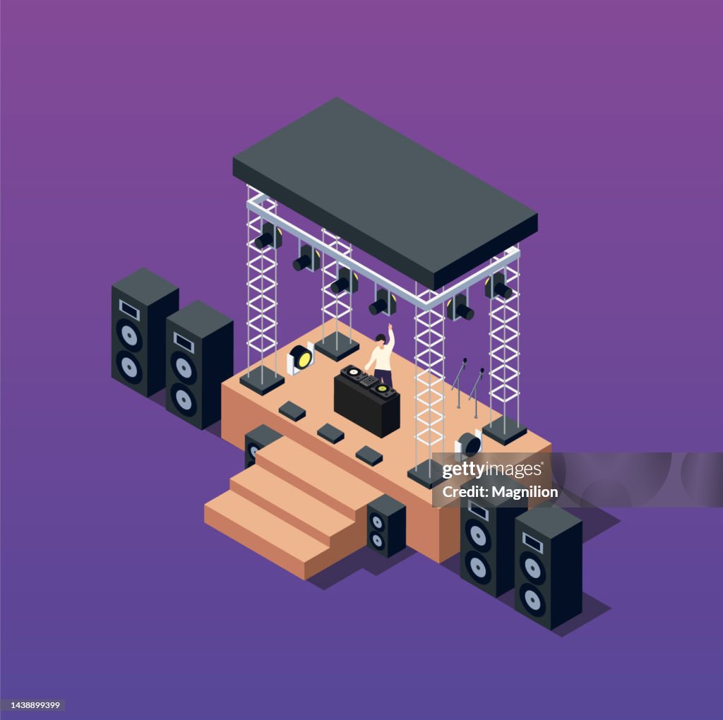 Music stage with DJ Isometric Vector