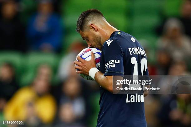 Bruno Fornaroli of the Victory kisses the ball before kicking a penalty goal during the round five A-League Men's match between Melbourne Victory and...