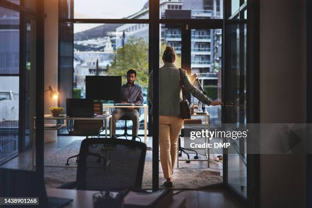business, office and corporate manager meeting room of a woman walking to a ceo man worker. working professional leader and employee ready for leadership, boss and company strategy planning talk - seghet bildbanksfoton och bilder
