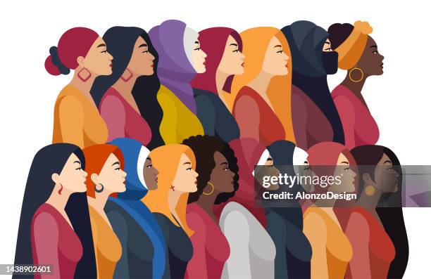 girl power. multi-ethnic group of beautiful women. - mixed race person stock illustrations