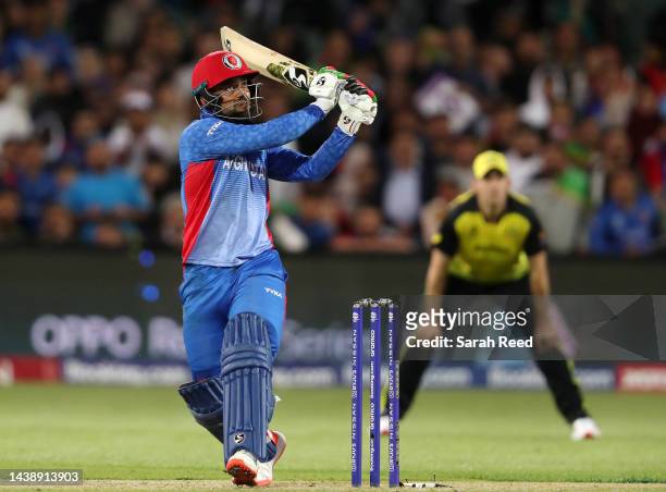 Rashid Khan of Afghanistan during the ICC Men's T20 World Cup match between Australia and Afghanistan at Adelaide Oval on November 04, 2022 in...