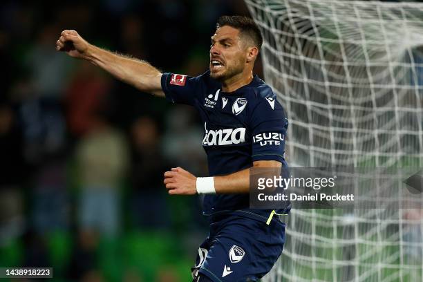 Bruno Fornaroli of the Victory celebrates kicking a penalty goal during the round five A-League Men's match between Melbourne Victory and Newcastle...