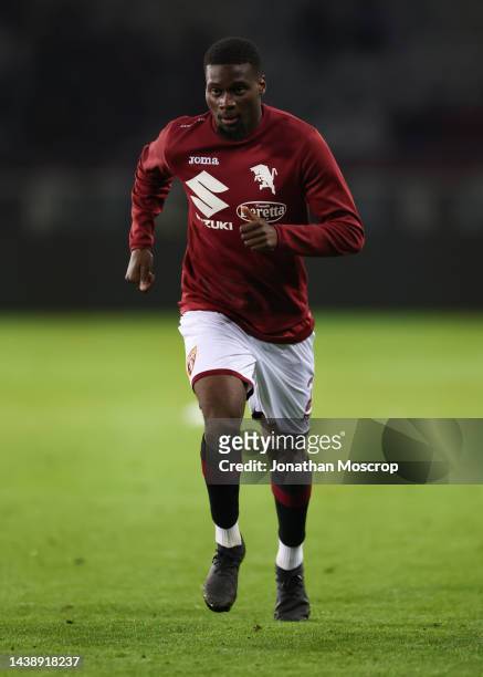 Brian Bayeye of Torino FC exercises following the final whistle of the Serie A match between Torino FC and AC Milan at Stadio Olimpico di Torino on...