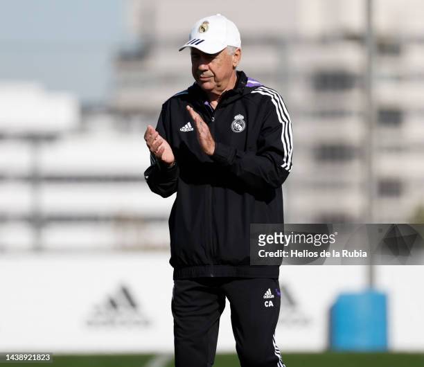 Carlo Ancelotti, coach of Real Madrid, is leading the training session at Valdebebas training ground on November 04, 2022 in Madrid, Spain.