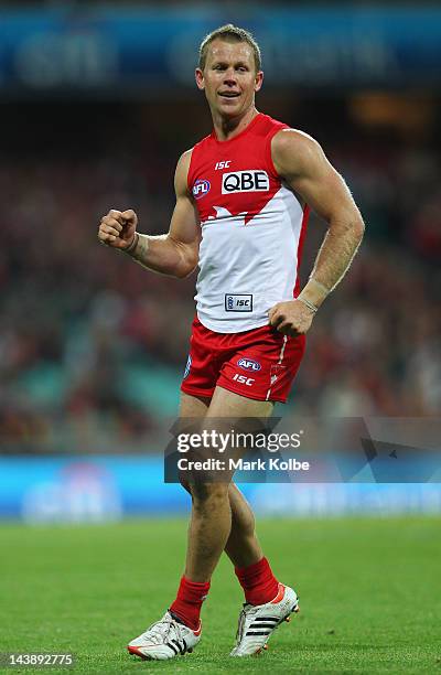 Ryan O'Keefe of the Swans celebrates after kicking a goal during the round six AFL match between the Sydney Swans and the Adelaide Crows at the...