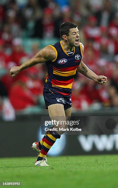 Ian Callinan of the Crows celebrates kicking a goal during the round six AFL match between the Sydney Swans and the Adelaide Crows at the Sydney...