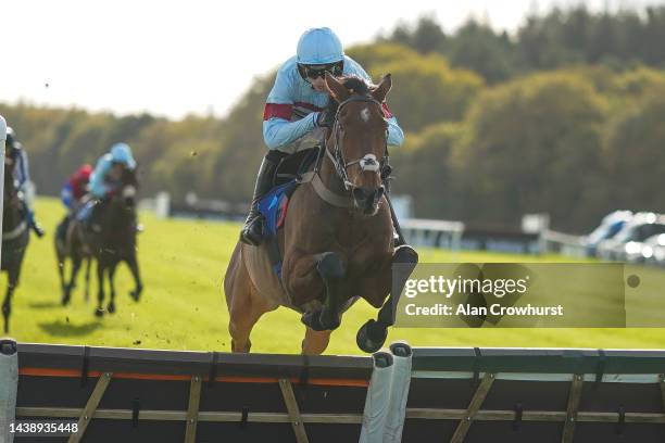 Harry Cobden riding Lallygag clear the last to win The Extra Places Every Day At Betway Novices' Hurdle at Exeter Racecourse on November 04, 2022 in...