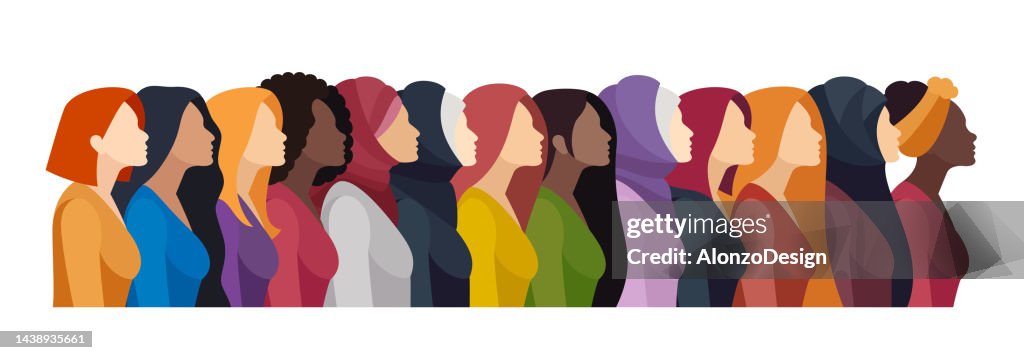 Le pouvoir des filles. Bannière avec groupe multiethnique de belles femmes.