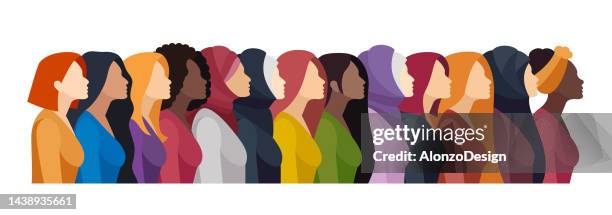 bildbanksillustrationer, clip art samt tecknat material och ikoner med girl power. banner with multi-ethnic group of beautiful women. - march month