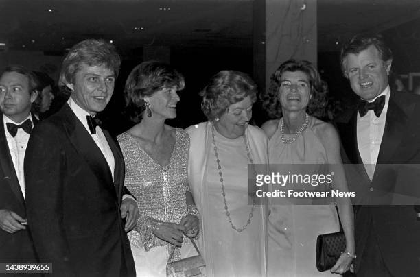Guest, Stephen Edward Smith, Jean Kennedy Smith, guest, Eunice Kennedy Shriver, and Edward M. Kennedy attend an event at the Hilton Hotel in...