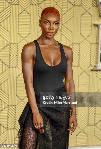 Michaela Coel attends the "Black Panther: Wakanda Forever" European Premiere at Cineworld Leicester Square on November 03, 2022 in London, England.