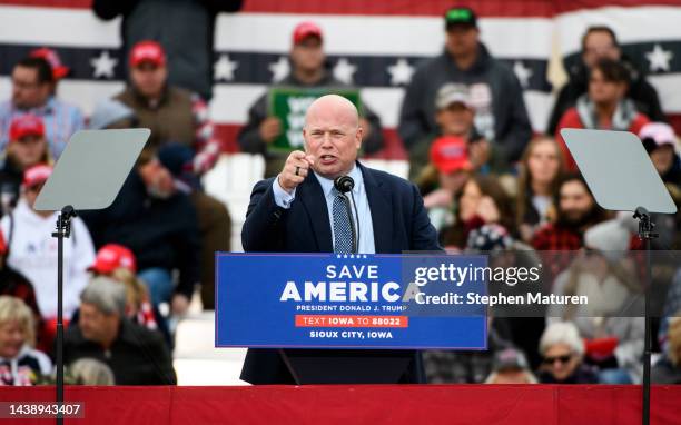 Matt Whitaker, former acting U.S. Attorney General, speaks during a campaign event at Sioux Gateway Airport on November 3, 2022 in Sioux City, Iowa....