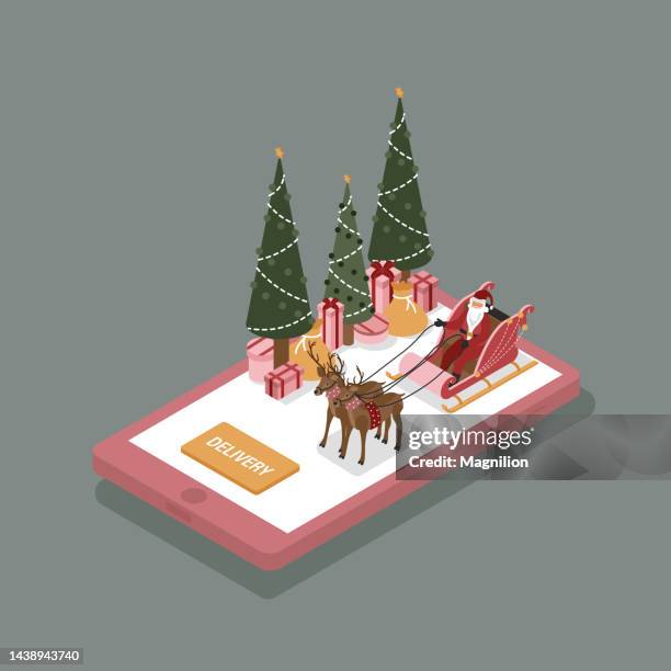 illustrations, cliparts, dessins animés et icônes de achats en ligne de noël et livraison avec smartphone. livraison de cadeaux par le père noël en ligne. illustration vectorielle. - red telephone box