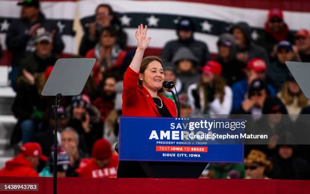 Brenna Bird, Republican nominee for Attorney General of Iowa, speaks during a campaign event at Sioux Gateway Airport on November 3, 2022 in Sioux...