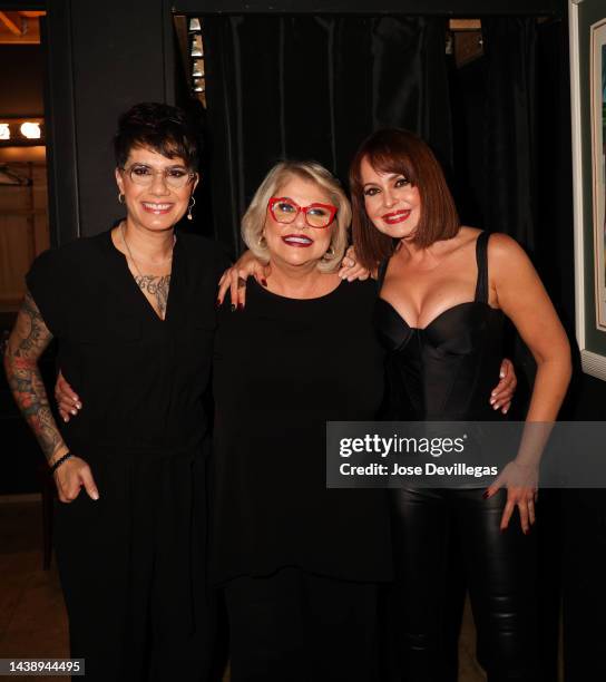 Karen Martello, Susana Perez and Gabriela Spanic backstage during 'Monologos de la Vagina' play on October 28, 2022 in Miami, Florida.