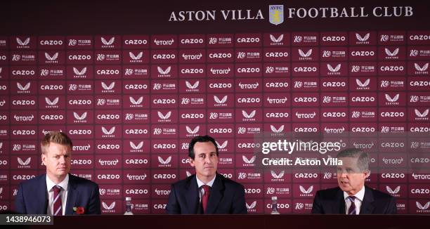 Johan Lange, Sporting Director of Aston Villa, Unai Emery, Head Coach of Aston Villa and Christian Purslow, CEO of Aston Villa pictured during a...