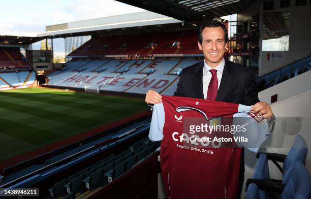 Unai Emery, Head Coach of Aston Villa pictured during a press conference at Villa Park on November 04, 2022 in Birmingham, England.