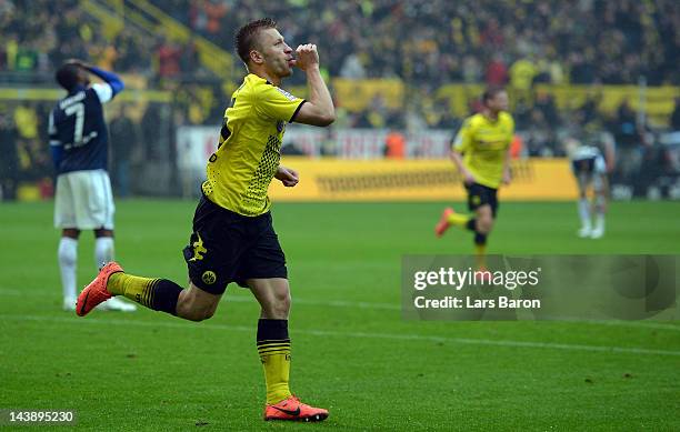 Jakub Blaszczykowski of Dortmund celebrates after scoring his teams fourth goal during the Bundesliga match between Borussia Dortmund and SC Freiburg...