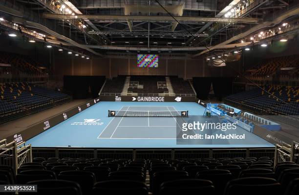 General view of the main court is seen prior to the Billie Jean King Cup at Emirates Arena on November 04, 2022 in Glasgow, Scotland.