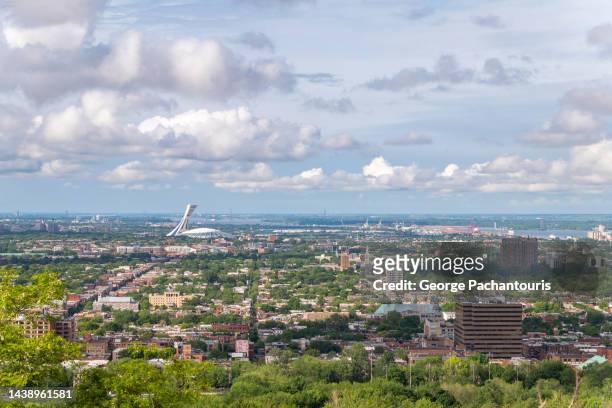 skyline of montreal, canada and the olympic stadium in the summer - olympic stadium stock pictures, royalty-free photos & images