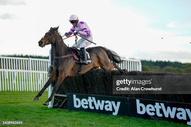 Harry Cobden riding Greaneteen clear the last to win The Betway Haldon Gold Cup at Exeter Racecourse on November 04, 2022 in Exeter, England.