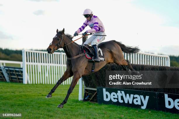 Harry Cobden riding Greaneteen clear the last to win The Betway Haldon Gold Cup at Exeter Racecourse on November 04, 2022 in Exeter, England.