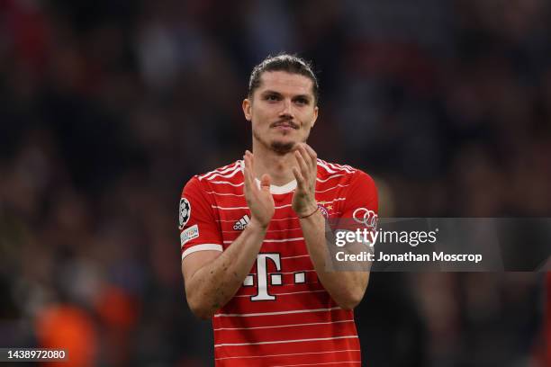 Marcel Sabitzer of Bayern Munchen applauds the fans following the final whistle of the UEFA Champions League group C match between FC Bayern München...