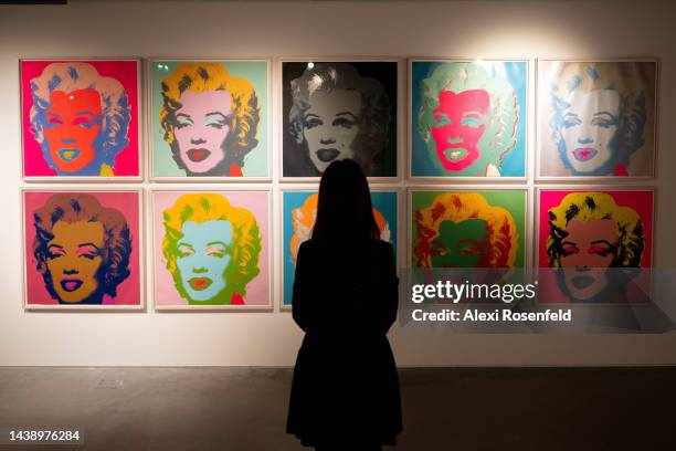 Andy Warhol's Marilyn Monroe ten completed screen prints is on display during a media preview at Sotheby's on November 04, 2022 in New York City. It...