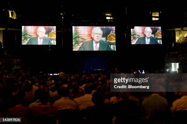 Recorded message from Warren Buffett, chairman of Berkshire Hathaway Inc., is played for shareholders prior to the official start of the Berkshire...
