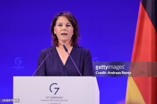 German Foreign Minister Annalena Baerbock speaks during a press conference after the G7 Foreign Ministers summit at the historical city hall on...
