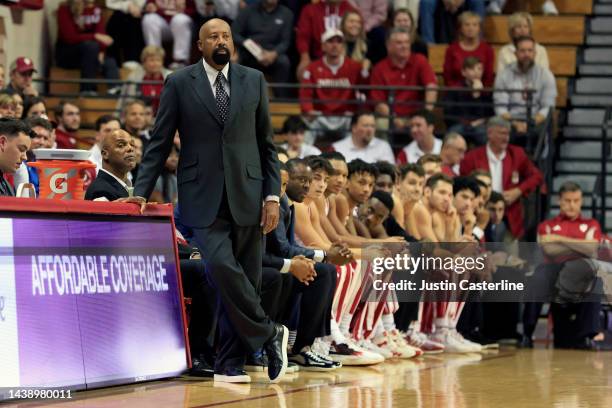 Head coach Mike Woodson looks on in the game against the Saint Francis Cougars at Simon Skjodt Assembly Hall on November 03, 2022 in Bloomington,...
