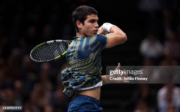 Carlos Alcaraz of Spain in action in his match against Holger Vitus Nodskov Rune of Denmark in the Quarter finals during Day Five of the Rolex Paris...