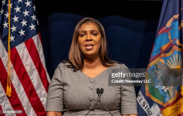 Attorney General Letitia James speaking at the New York State Democratic Committee's 2022 State Nominating Convention at the Sheraton hotel in...