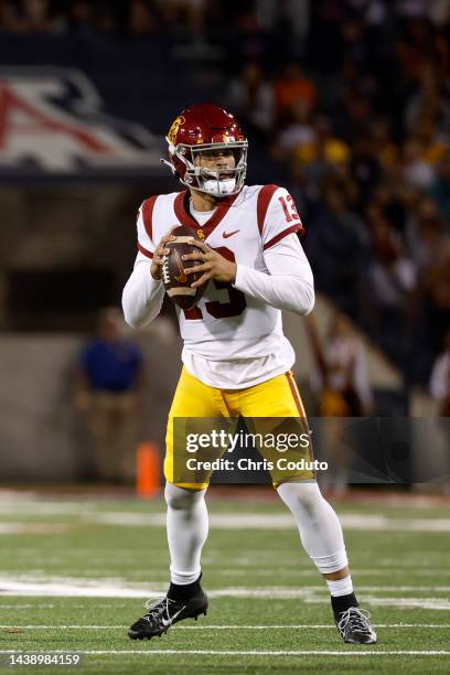 Quarterback Caleb Williams of the USC Trojans throws a pass during the second half against the Arizona Wildcats at Arizona Stadium on October 29,...