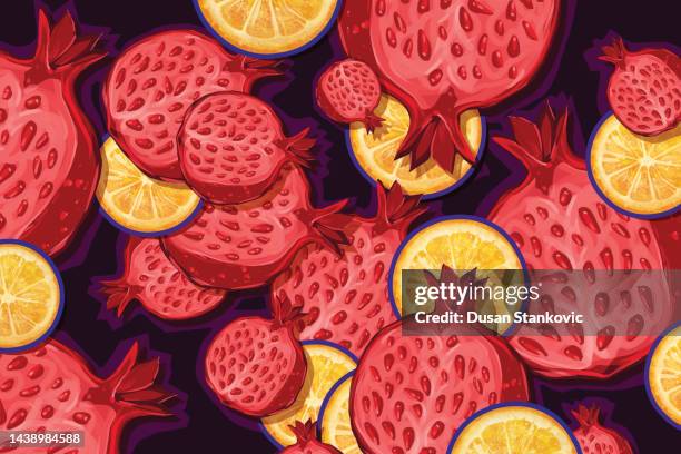 ilustrações, clipart, desenhos animados e ícones de romã e limão de padrão moderno - citrus fruit